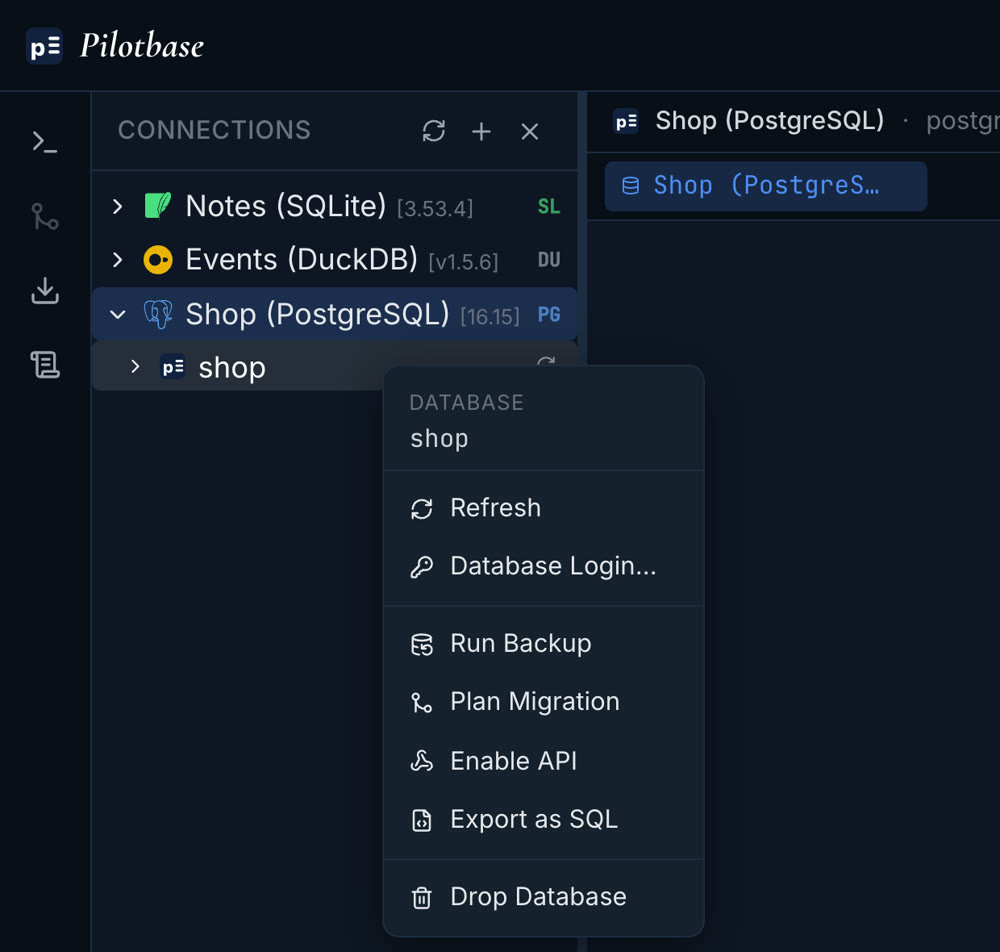 Pilotbase database context menu with Enable API between Plan Migration and Export as SQL