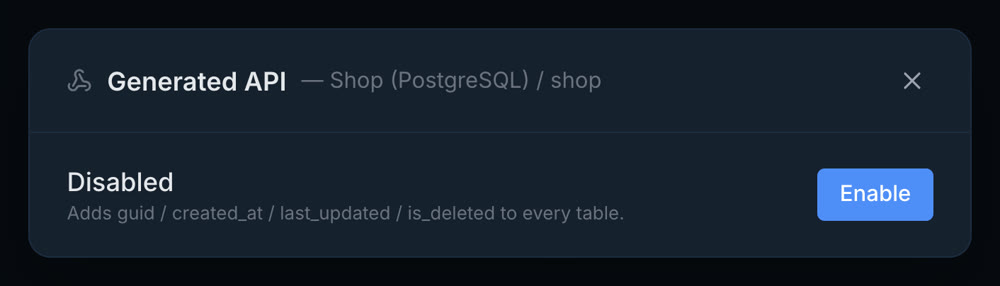 Generated API dialog showing Disabled and an Enable button