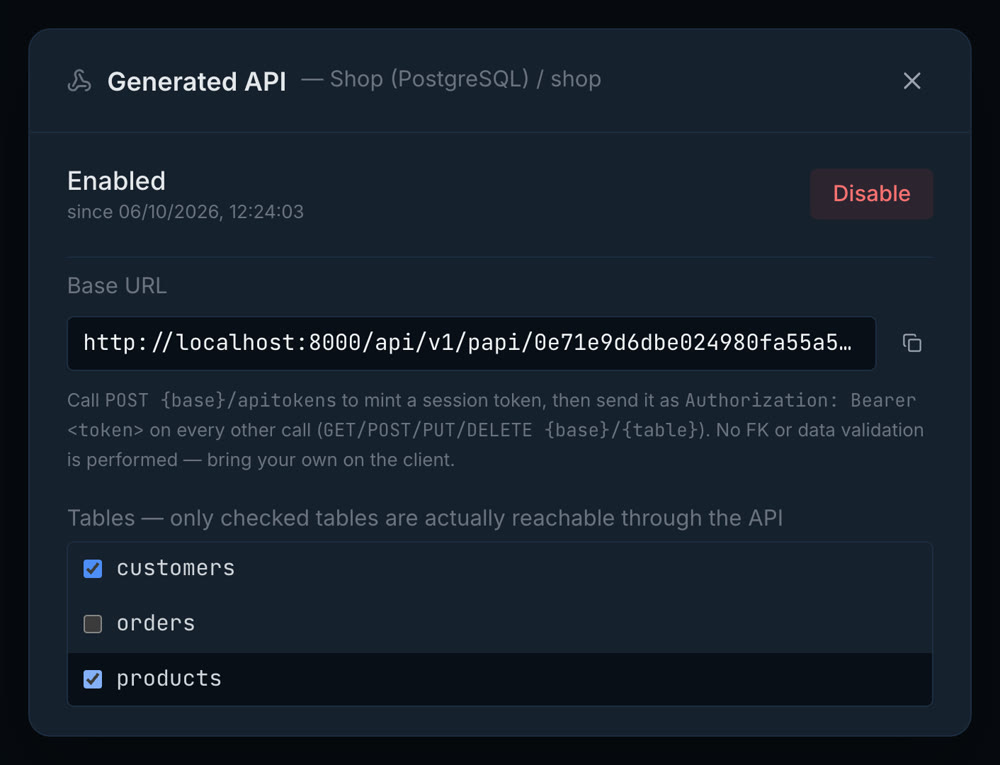 Generated API dialog enabled, with base URL and customers and products ticked, orders unticked