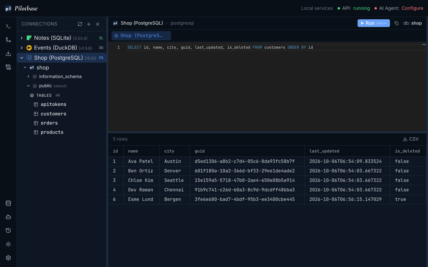 Pilotbase query editor showing customers with guid, last_updated and is_deleted, the deleted row flagged true