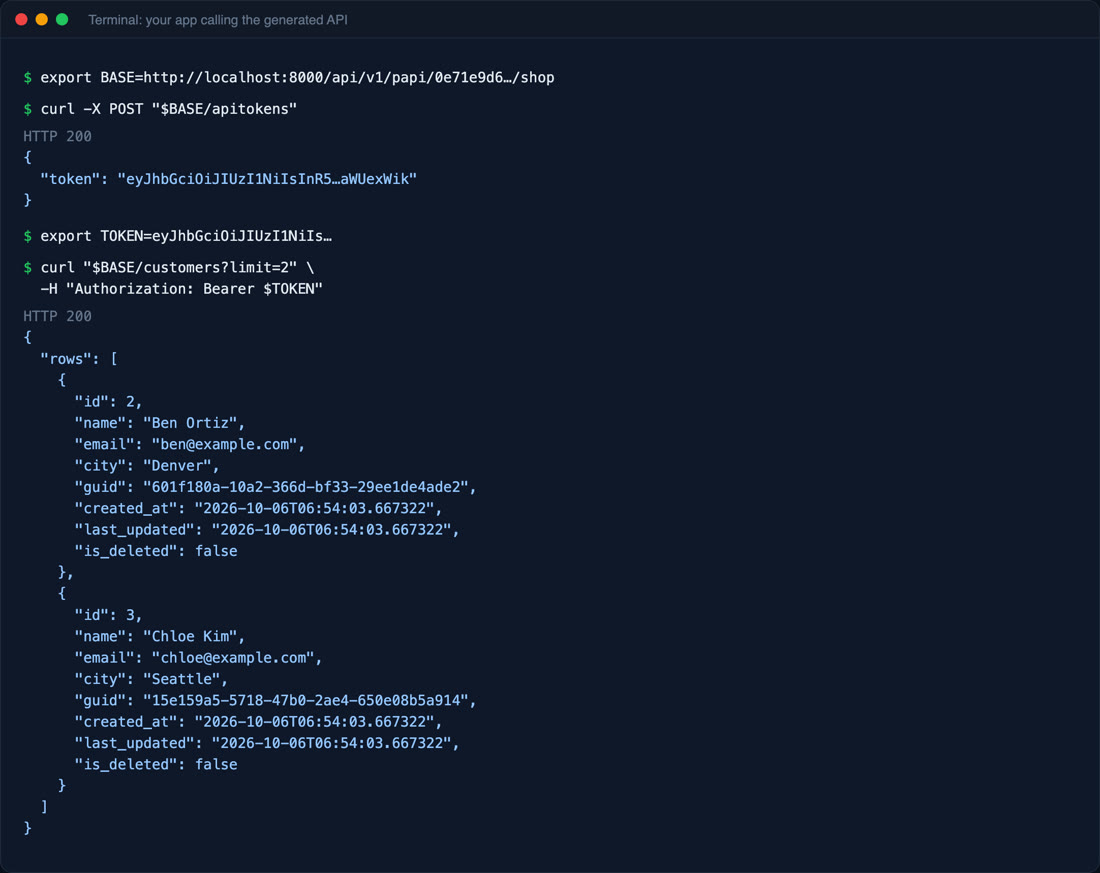 Terminal: POST apitokens returns a token, GET customers returns two rows with guid and timestamps
