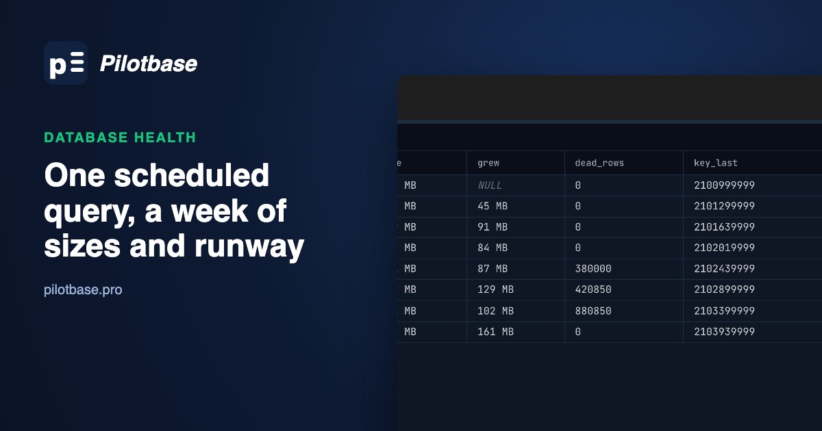 Pilotbase grid over the db_health table: the orders table growing from 103 MB to 802 MB in a week while its int key runway drops from 153 to 98 days