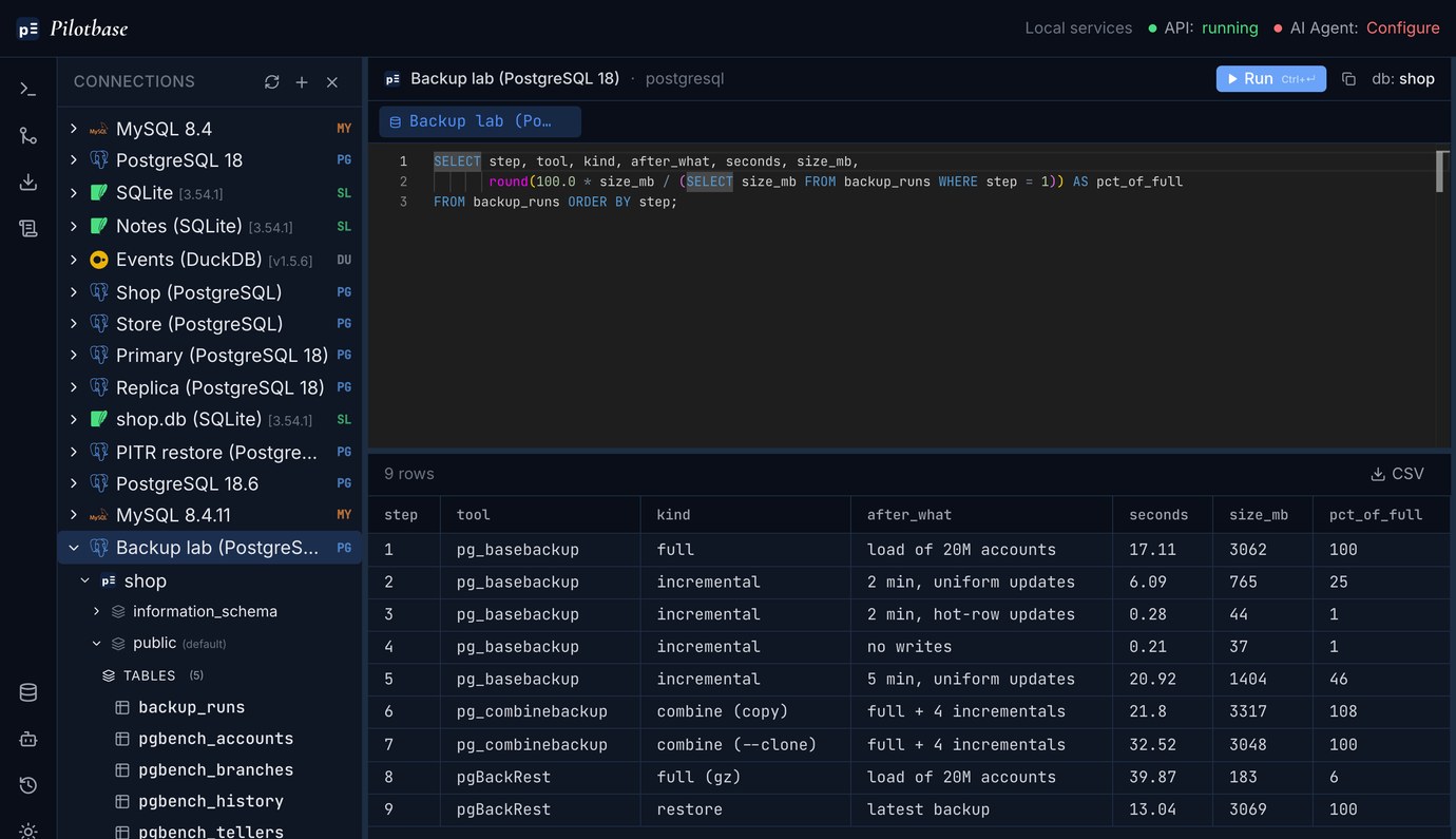 Pilotbase connected to the PostgreSQL 18 backup lab: the measured full, incremental, combine and pgBackRest runs in a result grid, next to the pgbench tables
