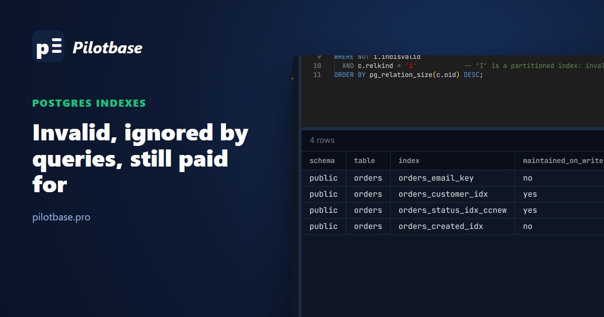 Four invalid indexes on an orders table, two of them still maintained on every write, listed in Pilotbase
