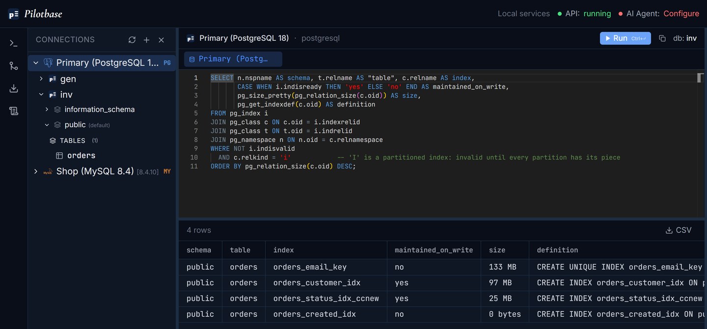 Pilotbase query result listing four invalid indexes on orders: orders_email_key 133 MB not maintained, orders_customer_idx 97 MB maintained, orders_status_idx_ccnew 25 MB maintained, orders_created_idx 0 bytes not maintained