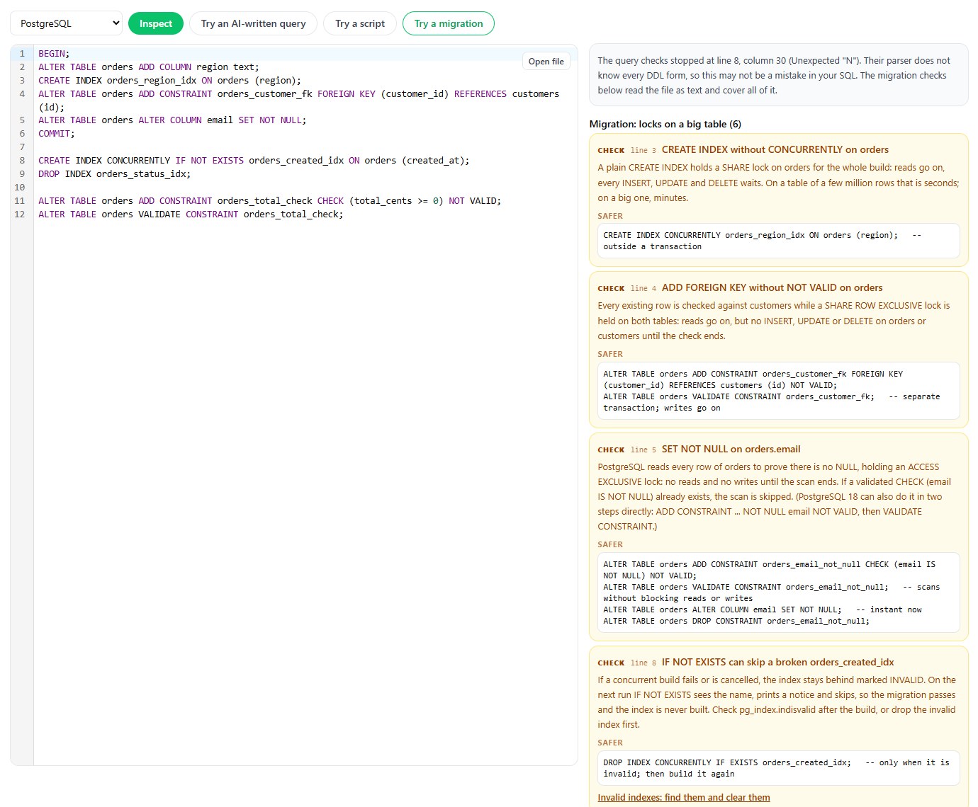 sqlInspector with a twelve-line migration: findings for CREATE INDEX without CONCURRENTLY, a foreign key without NOT VALID, SET NOT NULL, and IF NOT EXISTS that can skip a broken index, each with the safer SQL