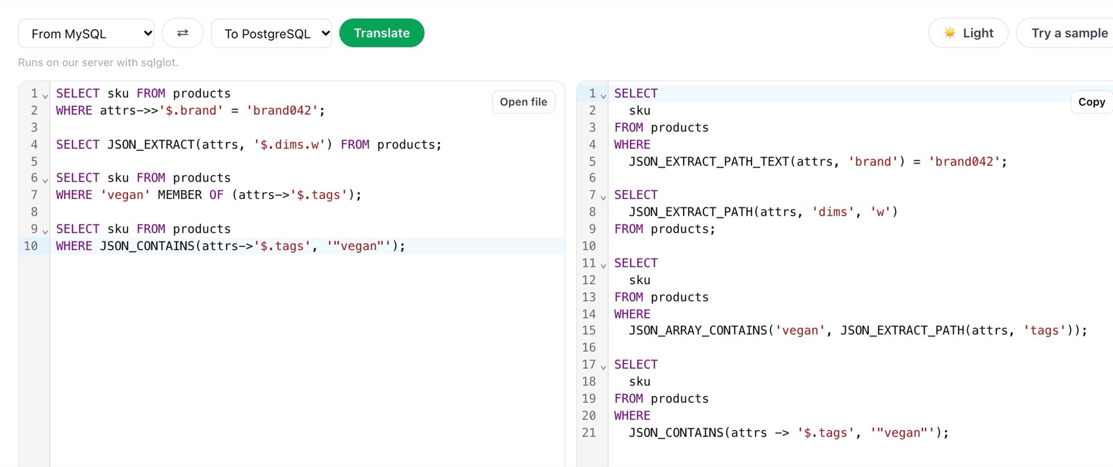 sqlTranslate: four MySQL JSON queries on the left and their PostgreSQL translations on the right