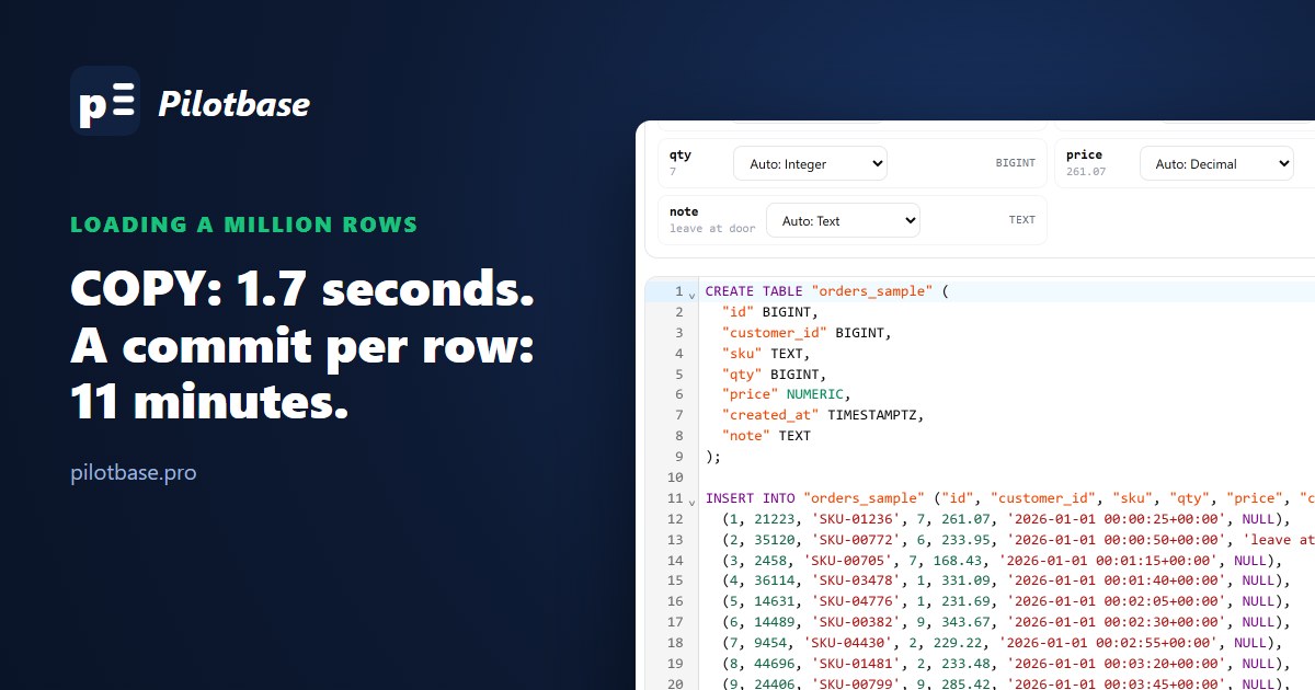 csvToSql writing CREATE TABLE and batched INSERT statements for an orders CSV