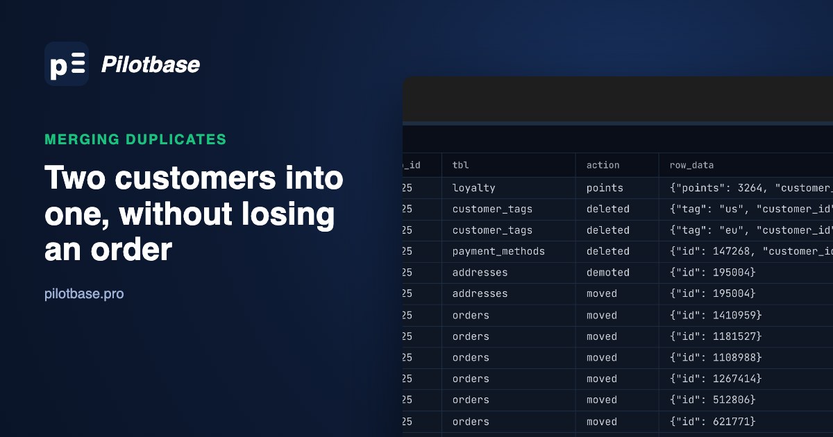 Pilotbase grid over merge_audit: one duplicate customer's loyalty points, tags, saved card, default address and orders, each recorded as moved, deleted or demoted