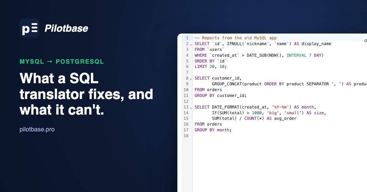 Pilotbase sqlTranslate turning MySQL queries into PostgreSQL