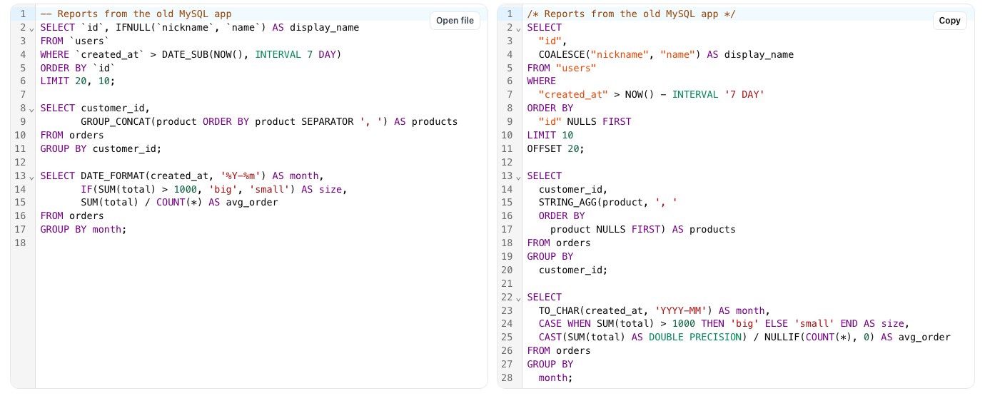sqlTranslate with three MySQL report queries on the left and their PostgreSQL translations on the right