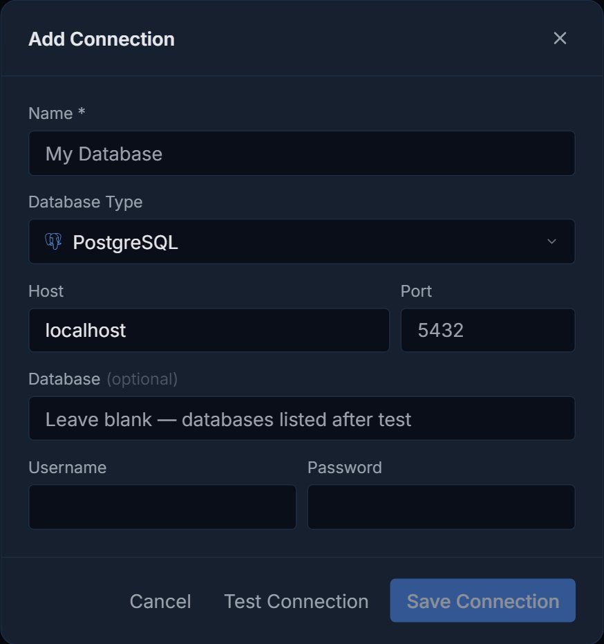 Pilotbase Add Connection dialog with host, port, username and password fields