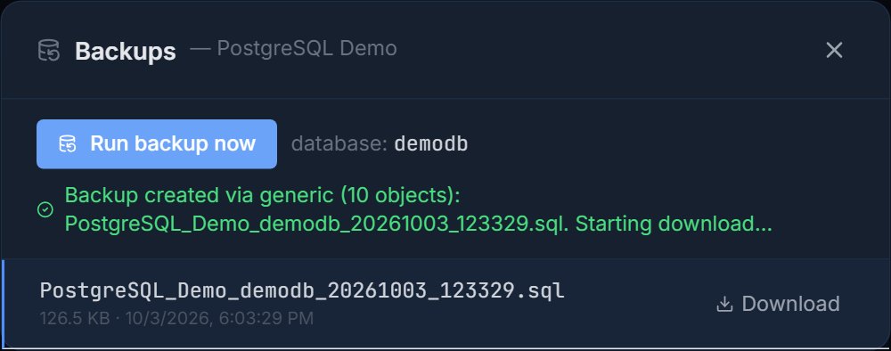 Pilotbase backups dialog listing a completed PostgreSQL backup file