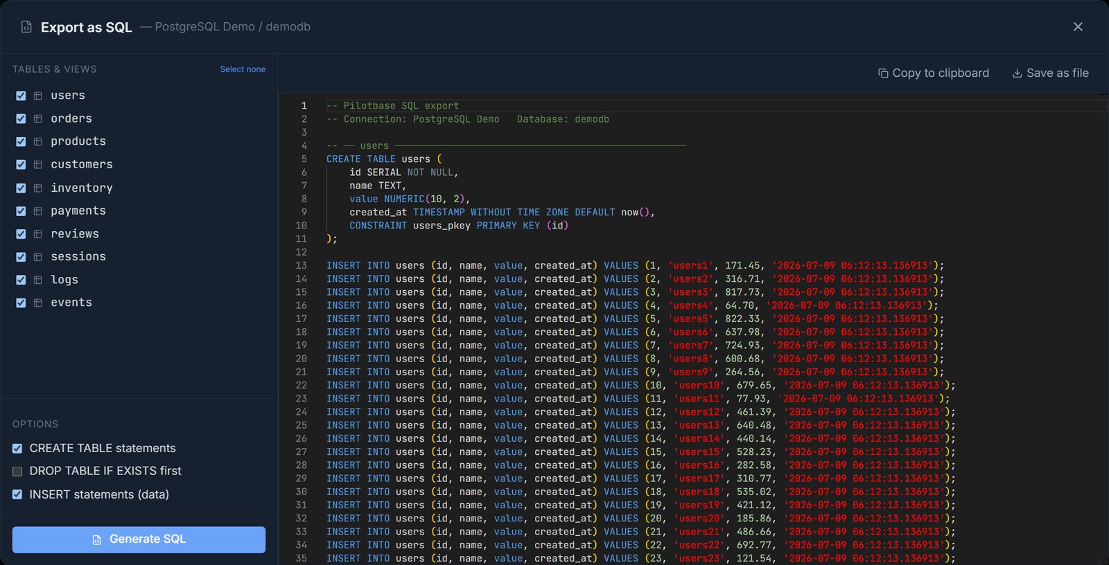 Pilotbase Export as SQL dialog showing generated CREATE TABLE and INSERT statements