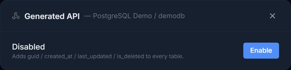 Pilotbase Generated API dialog, disabled, noting the columns it adds
