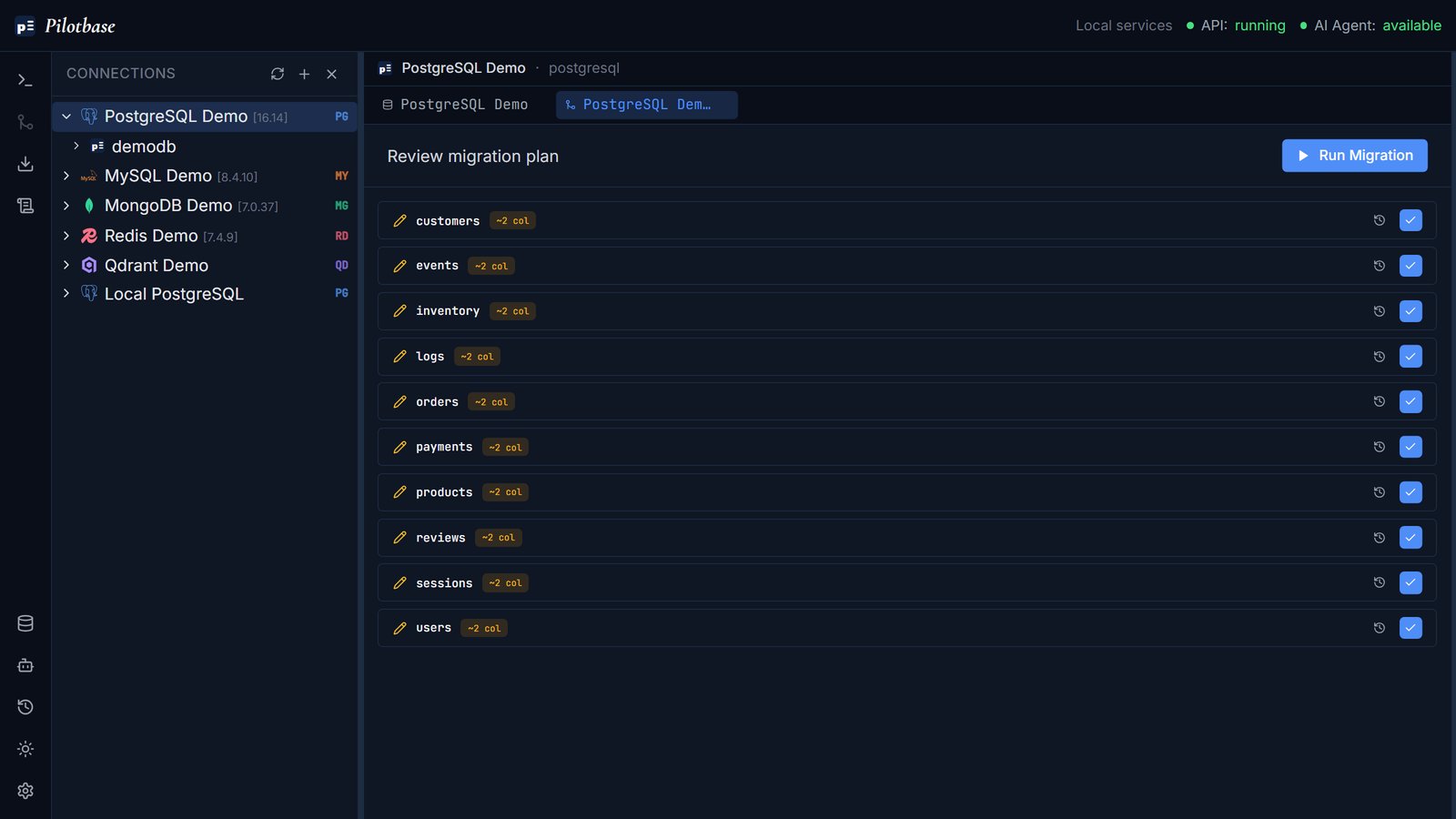 Pilotbase migration plan review listing per-table changes with a Run Migration button