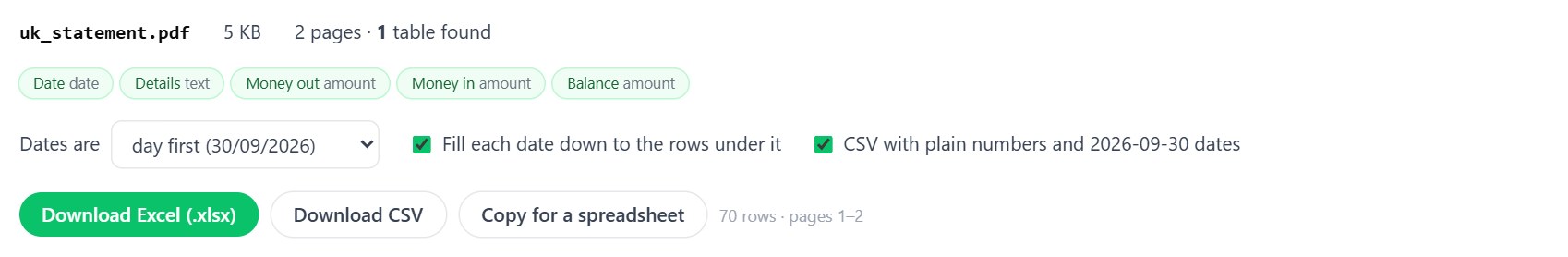 Options for a UK statement: Dates are day first (30/09/2026), Fill each date down to the rows under it, CSV with plain numbers and 2026-09-30 dates