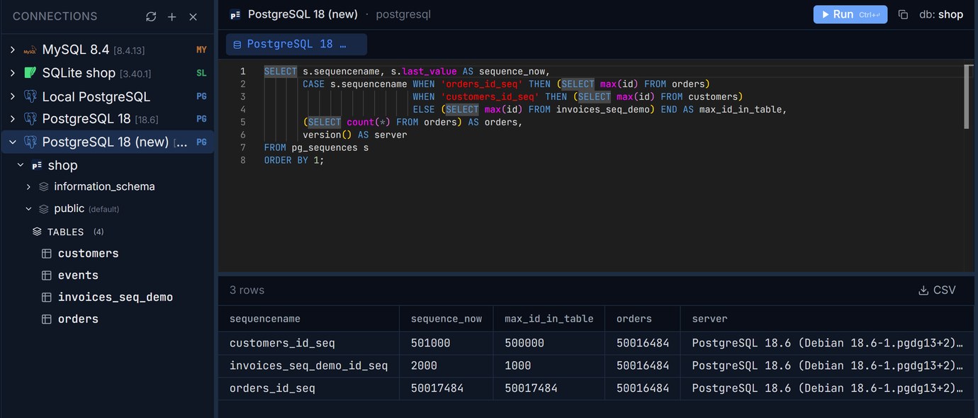 Pilotbase on the new PostgreSQL 18.6 server after the cutover: customers_id_seq at 501,000 with max id 500,000, invoices_seq_demo_id_seq 2,000 with max id 1,000, orders_id_seq 50,017,484 equal to the highest order id, 50,016,484 orders