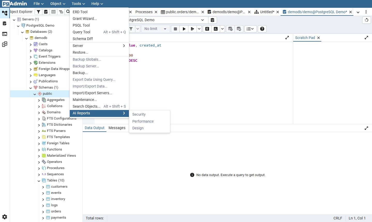 pgAdmin Tools menu with the AI Reports submenu showing Security, Performance and Design