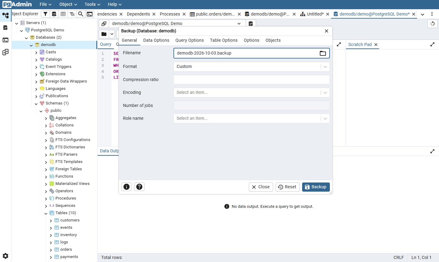 pgAdmin Backup dialog for database demodb with filename and Custom format