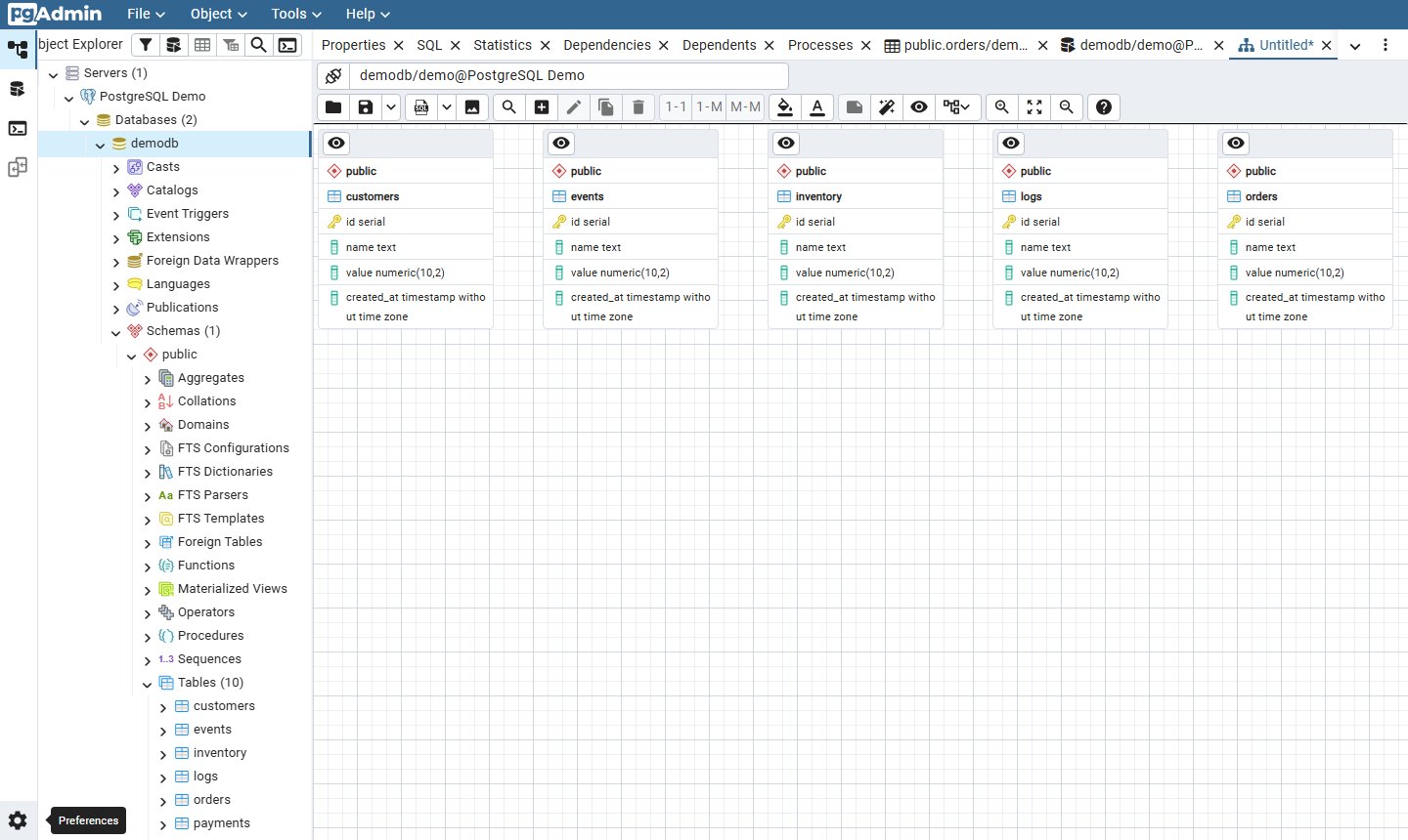 pgAdmin ERD Tool showing the demodb tables as entity boxes with columns and types