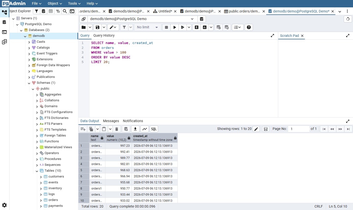 pgAdmin Query Tool running a SELECT on orders with 20 rows in the Data Output grid