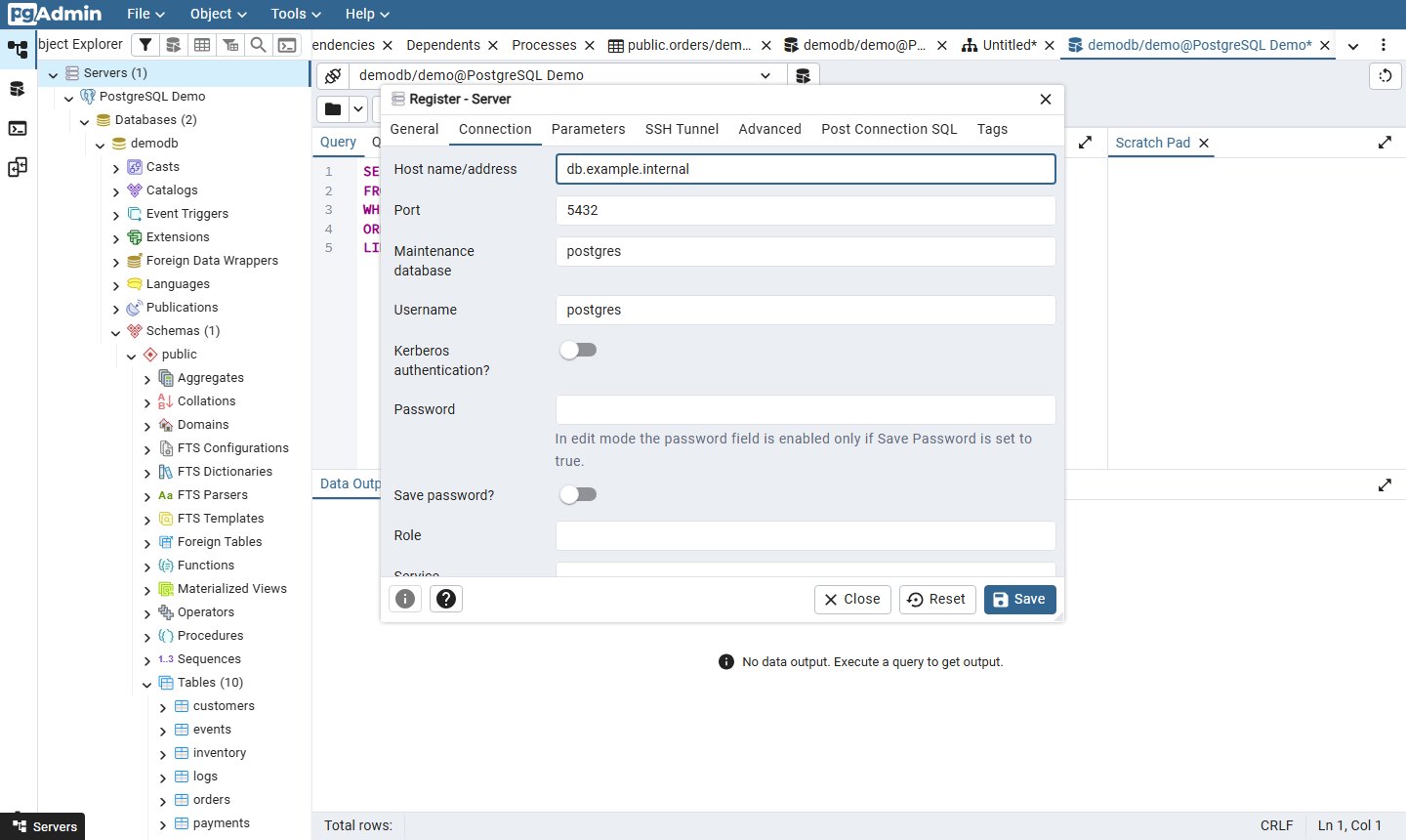 pgAdmin 4 Register - Server dialog on the Connection tab with host, port, maintenance database and username fields