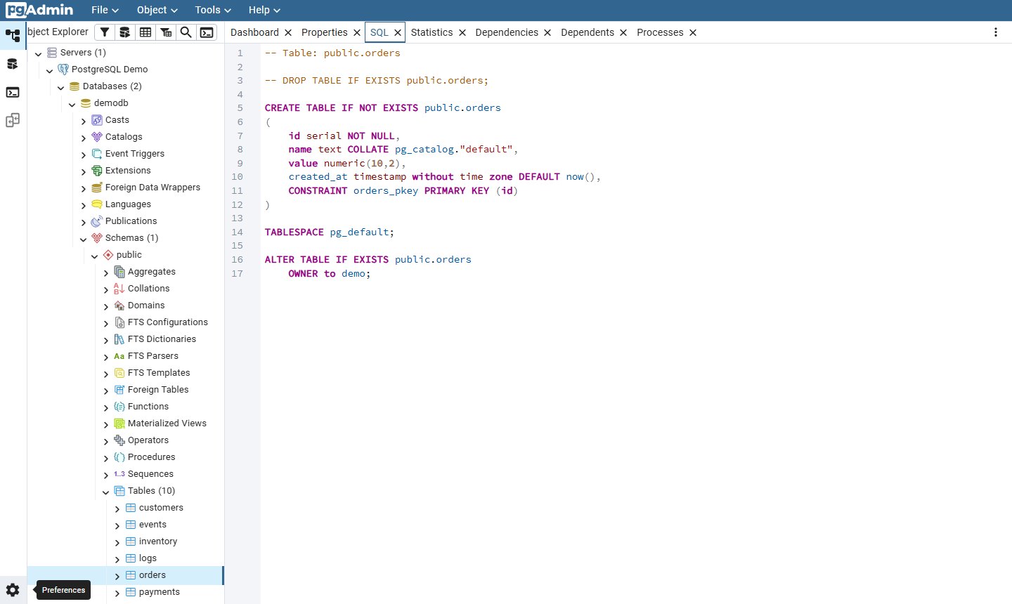 pgAdmin Object Explorer expanded to public.orders with the SQL tab showing CREATE TABLE
