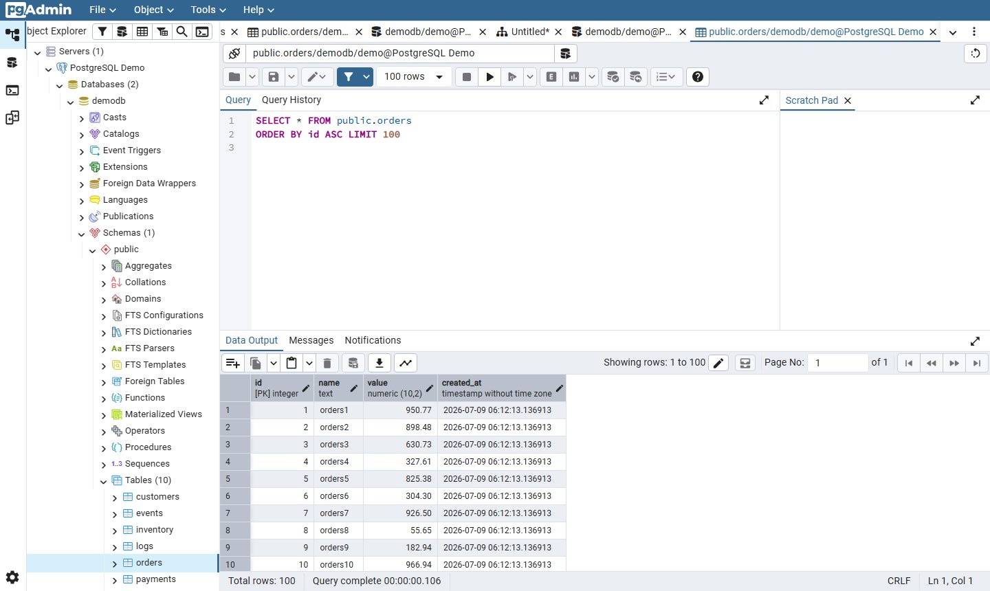 pgAdmin View/Edit Data on public.orders showing an editable grid with pencil icons on each column