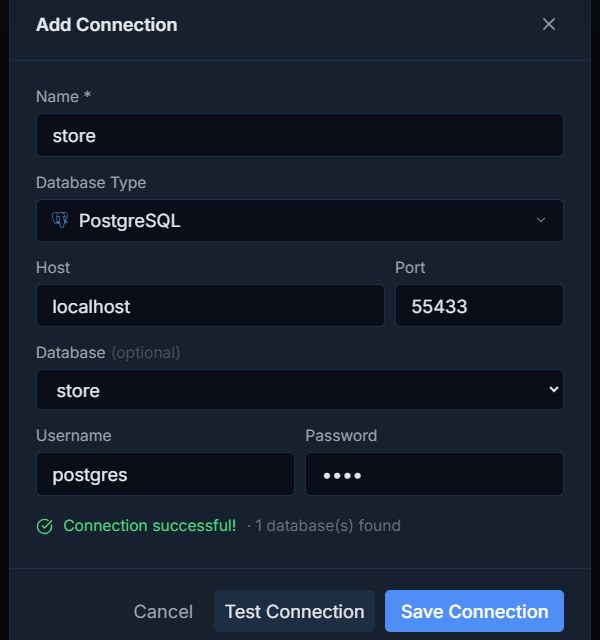 Pilotbase Add Connection dialog for PostgreSQL on localhost port 55433 with Connection successful and 1 database found
