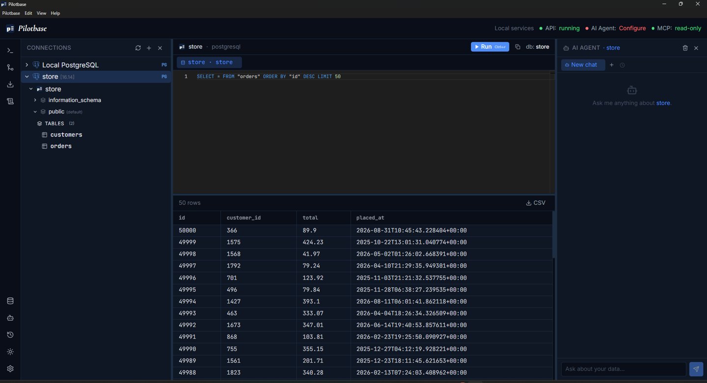 Pilotbase Desktop with the store connection expanded and the latest 50 orders in the results grid