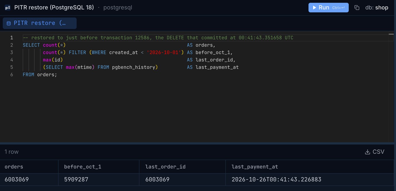 Pilotbase connected to the restored PostgreSQL 18 cluster: 6,003,069 orders, 5,909,287 dated before 1 October, last order id 6003069, last payment at 00:41:43.226883 UTC