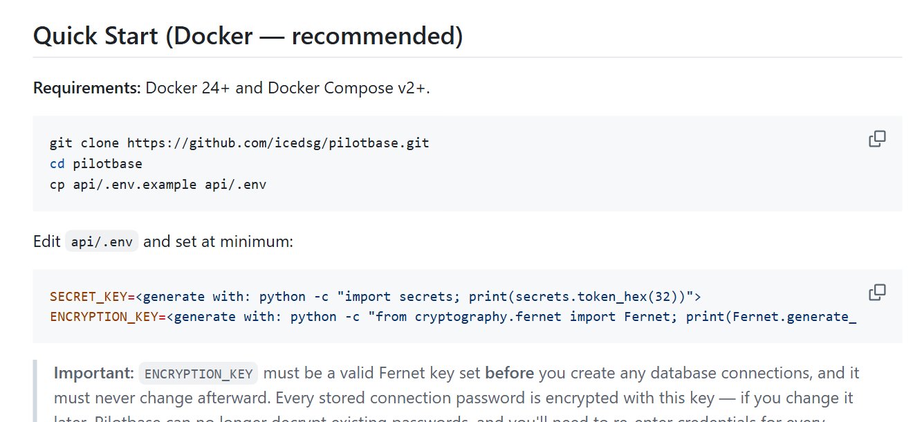 Pilotbase README Docker quick start with git clone, env setup and key generation commands