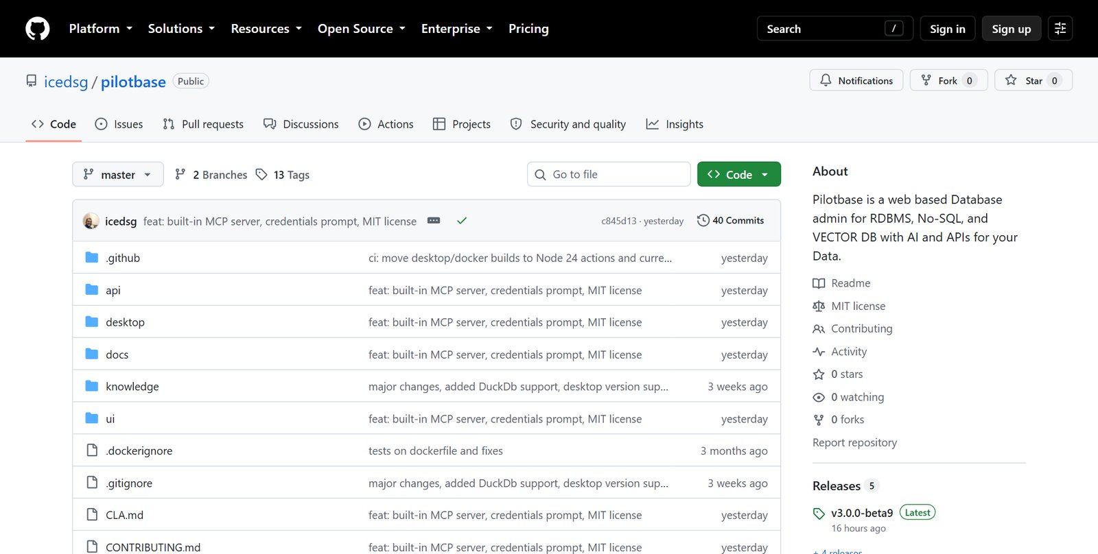 The public icedsg/pilotbase repository on GitHub with the MIT license