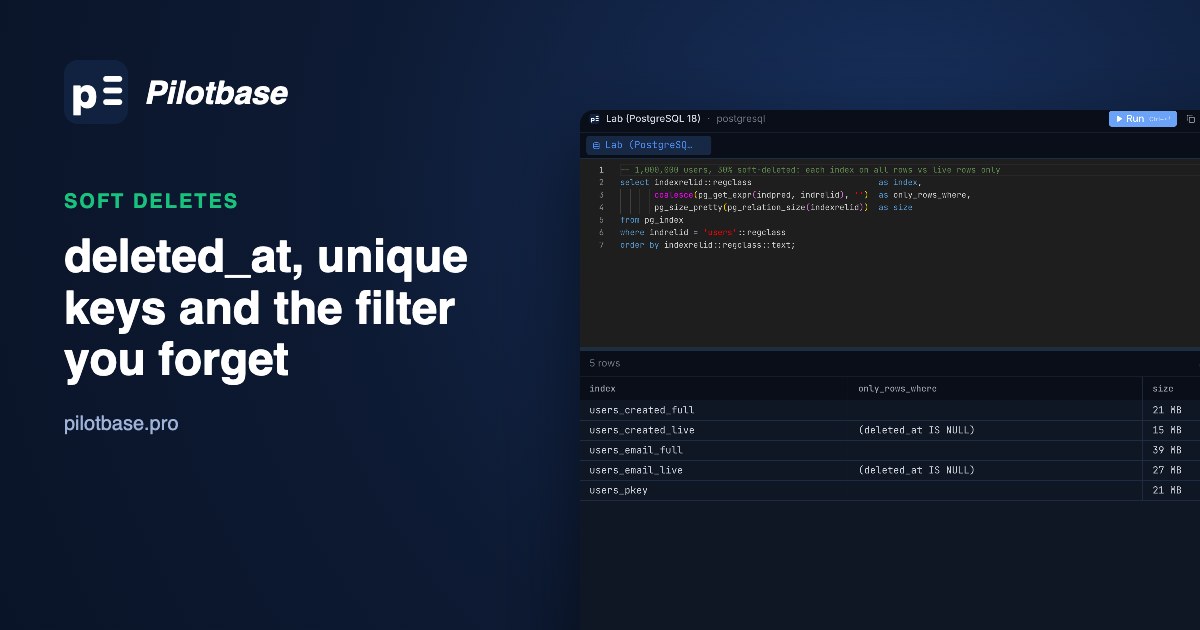 Pilotbase listing the indexes on a one-million-row users table with 30% soft-deleted rows: partial indexes on live rows at 15 MB and 27 MB against 21 MB and 39 MB for the full ones