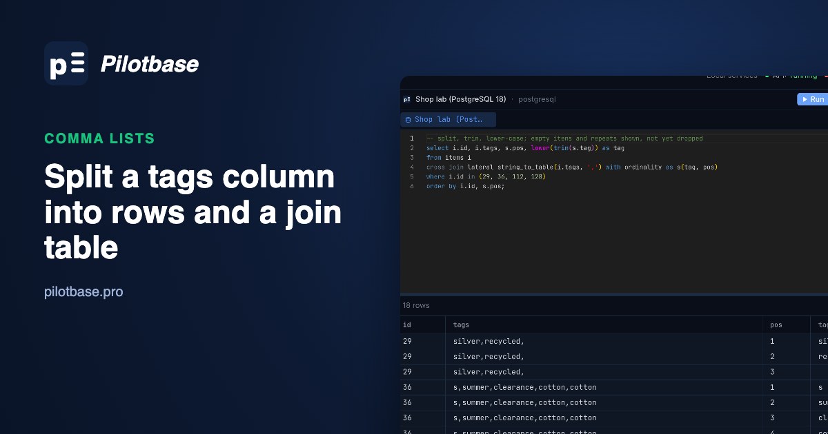 Pilotbase running string_to_table with ordinality on PostgreSQL 18: each item's comma-separated tags as one row per tag, with its position and the trimmed, lower-cased tag