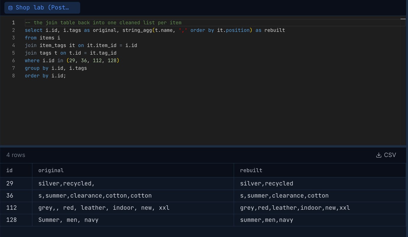 Pilotbase result with the original and rebuilt lists side by side: 'silver,recycled,' becomes 'silver,recycled', 'cotton,cotton' becomes one cotton, 'grey,, red, leather' loses the empty item and spaces, 'Summer, men, navy' becomes lower case