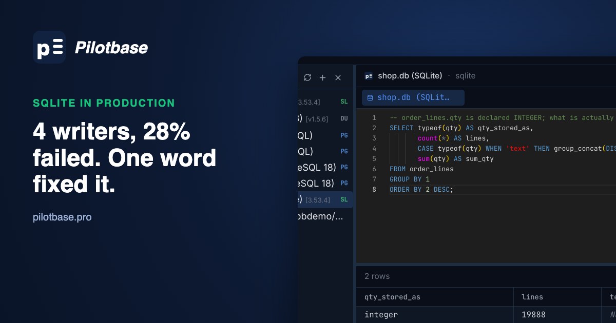 A SQLite file open in Pilotbase, with a query that counts how many values in an INTEGER column are really stored as text