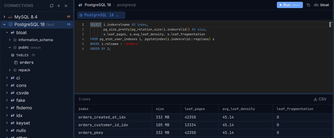 Pilotbase on PostgreSQL 18: pgstatindex on the three orders indexes after the DELETE and VACUUM, avg_leaf_density 45.14 for each
