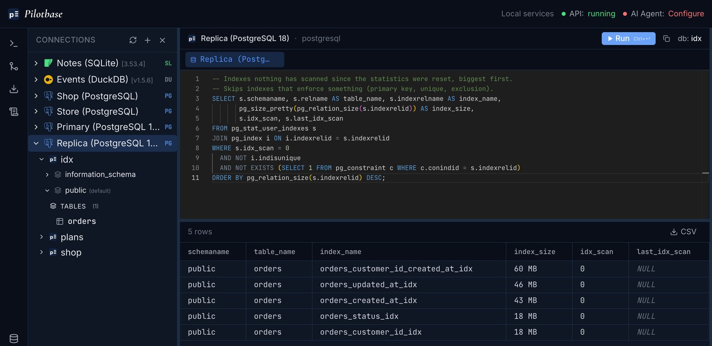 Pilotbase on the replica: the same query lists five unused indexes, but orders_created_at_idx1 is missing from the list and orders_customer_id_created_at_idx is on it