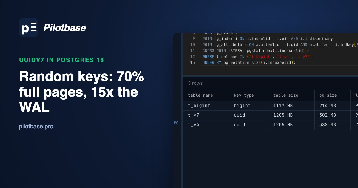 Primary key index sizes for bigint, uuidv7 and uuidv4 on 10 million rows, in Pilotbase
