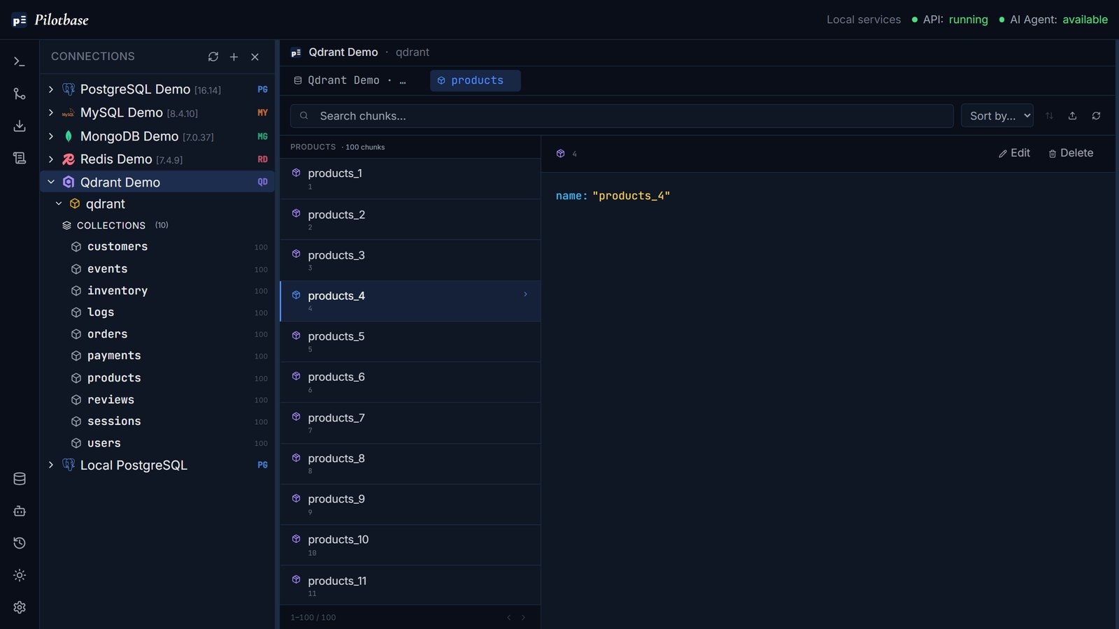 Pilotbase showing Qdrant collections with point counts and a chunk's payload