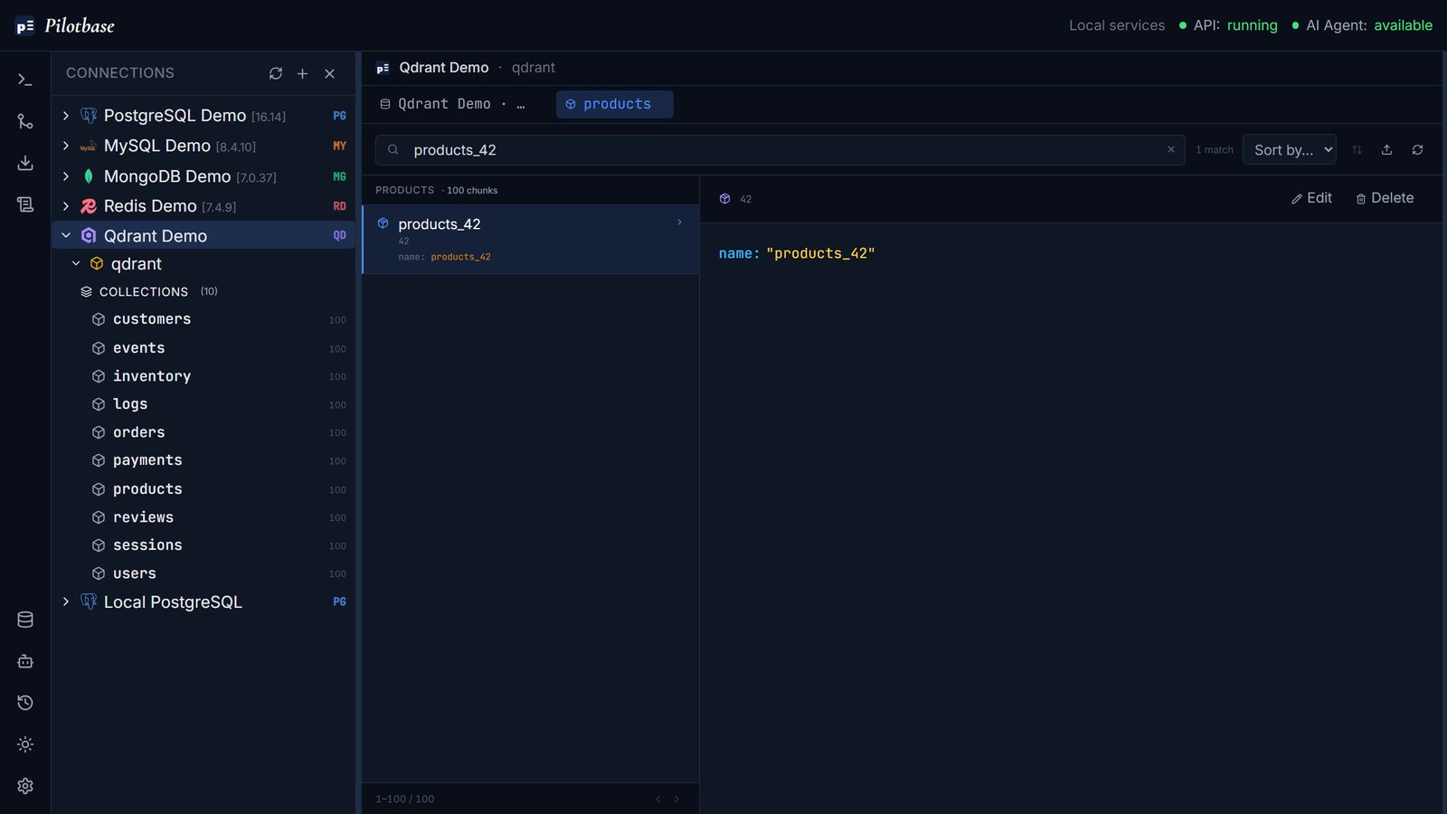 Pilotbase vector chunk browser filtered to a single chunk