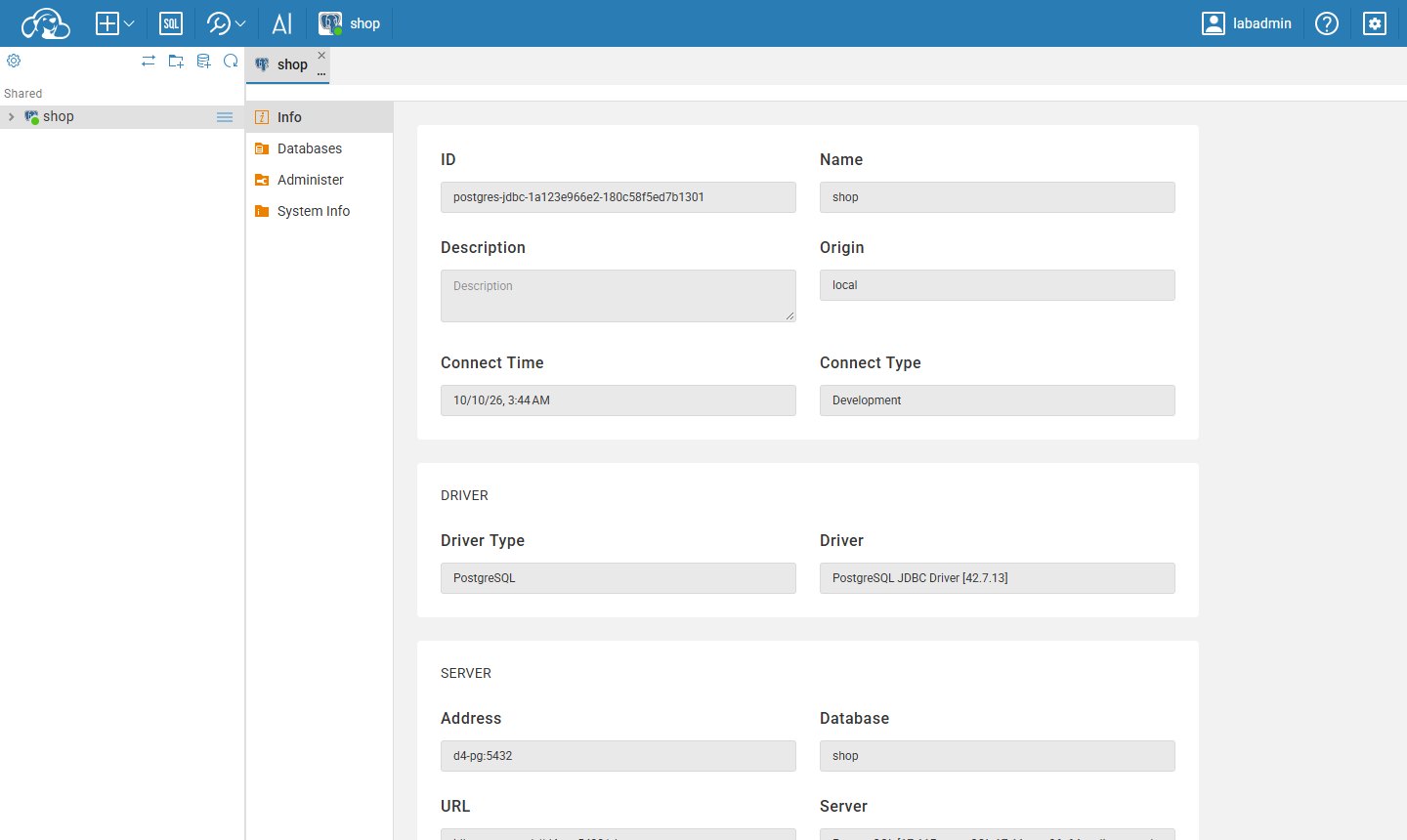 CloudBeaver Community 26.2.2 signed in as an administrator with a shared PostgreSQL connection called shop and its connection details