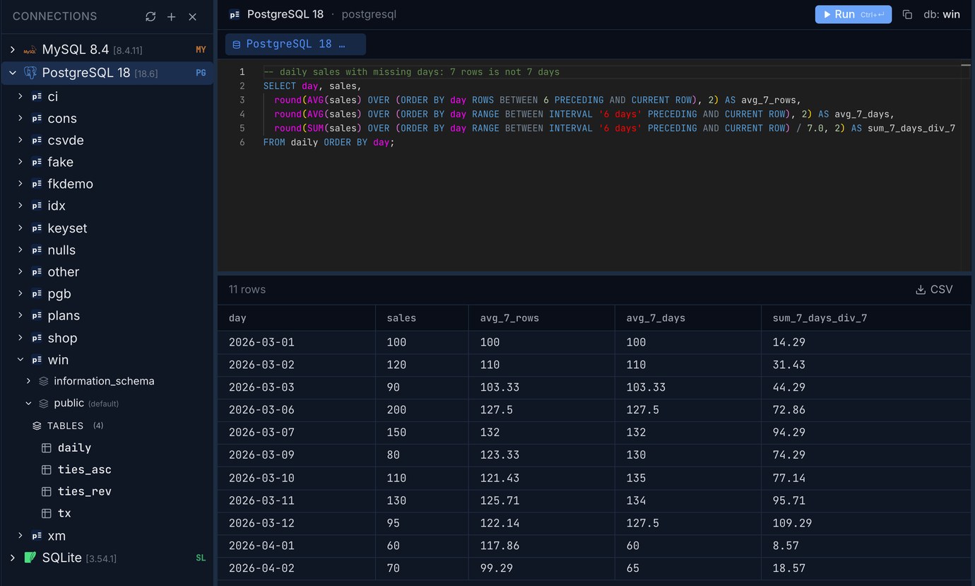 Pilotbase on PostgreSQL 18: the moving averages over daily sales with missing days; on 2026-04-01 avg_7_rows is 117.86, avg_7_days 60, sum_7_days_div_7 8.57