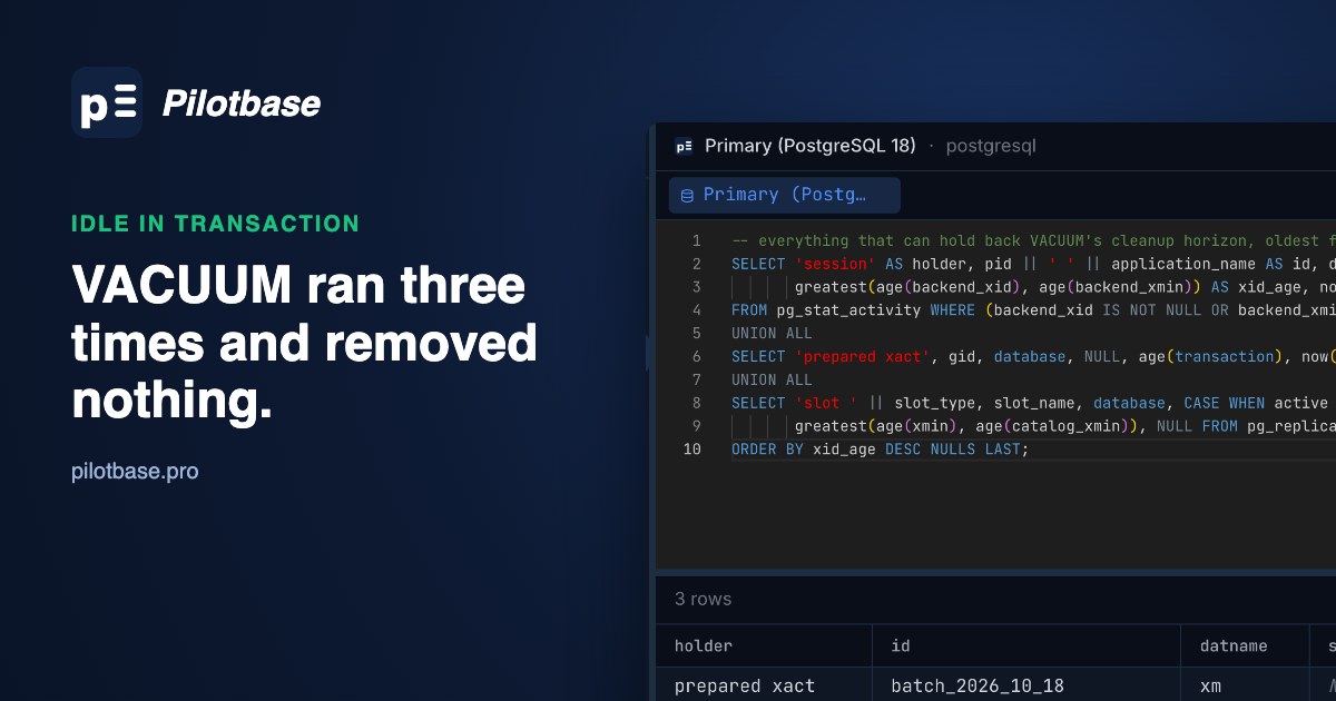 Pilotbase running a query that lists a prepared transaction, an unused logical slot and an idle-in-transaction session holding back VACUUM
